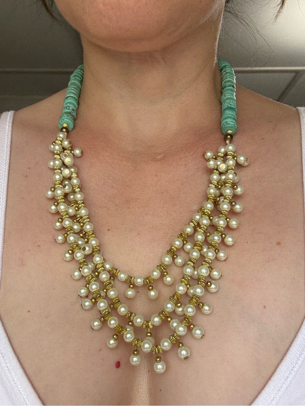 The Odyssey look!  Pearl and turquoise necklace gold tone ancient world style